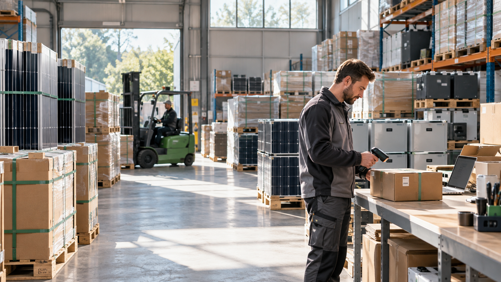 Illustrative solar warehouse with panels, storage batteries and a worker scanning a package